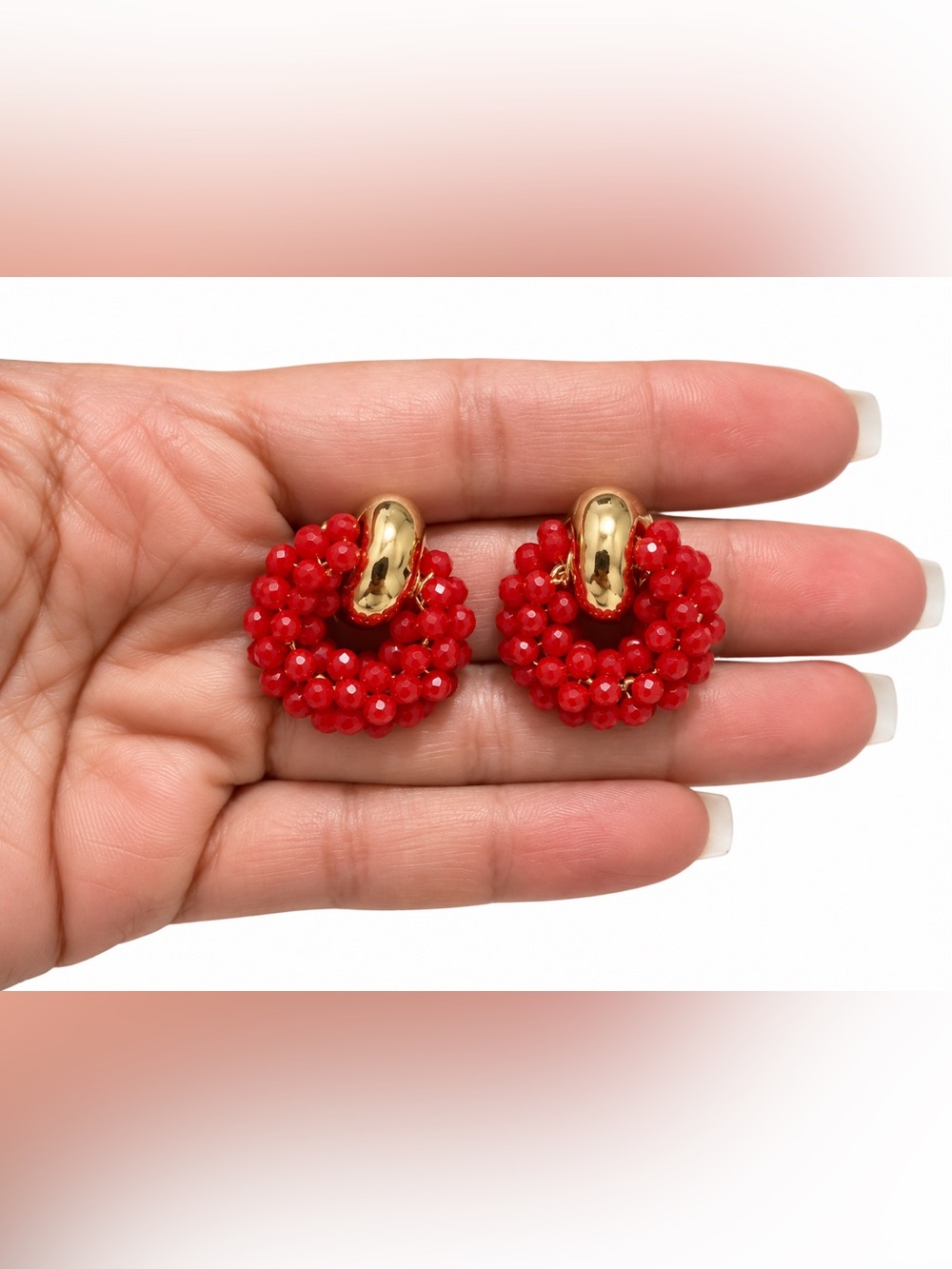 Gold and Red Beaded Hoop Earrings - Women Jewelry